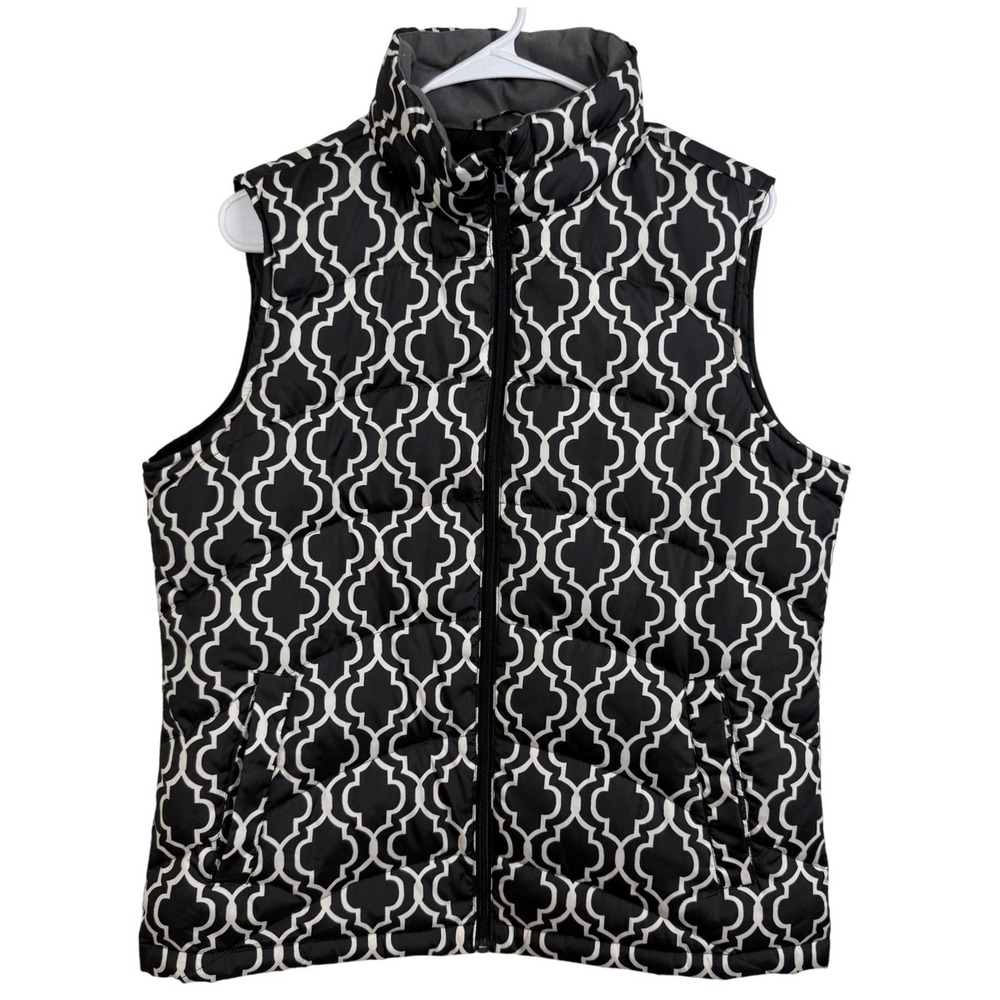 Lands' End Women's Puffer Vest M Black White‎ Geometric Print Down Insulated